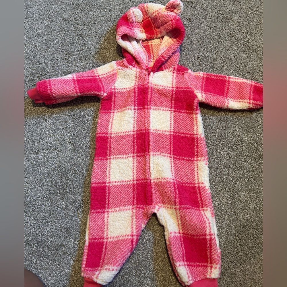 Baby pink and white gingham Sherpa jumpsuit